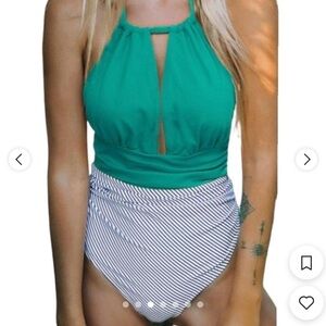Cupshe turquoise and striped one piece swimsuit size‎ M